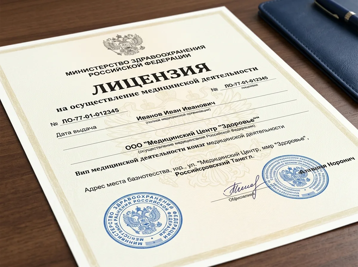 Медицинская лицензия Министерства здравоохранения РФ, официальный документ с гербом, синие печати, крупный текст 'Лицензия на осуществление медицинской деятельности'