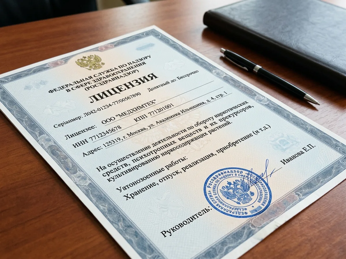 Лицензия на оборот наркотических и психотропных препаратов, официальный бланк Росздравнадзора с синей печатью