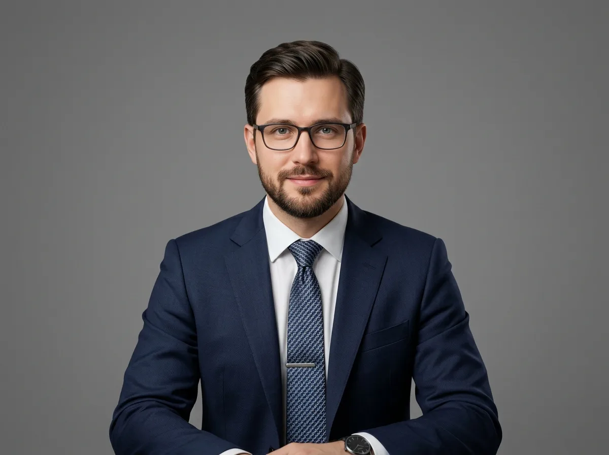 Аватар мужчины, Максим Красников, деловой вид, нейтральный серый фон